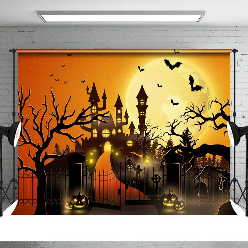 Halloween Moon Haunted Castle Pumpkin Lantern Backdrop - Aperturee