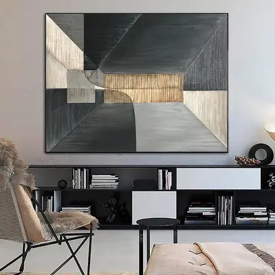 Large Abstract Geometric Paintings On Canvas In Black, Gray And Beige Colors Modern Geometric Shapes Art Original Hotel Decor...