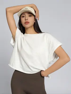 Women's Plain Cut Out Asymmetrical Hem Batwing Sleeve Tee, Casual Short Sleeve Round Neck T-shirt for Summer, Ladies Clothes ...