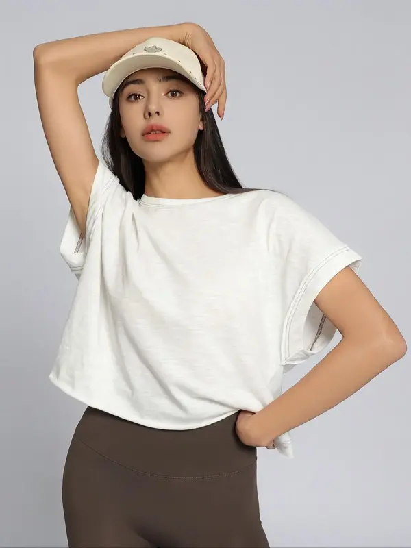 Women's Plain Cut Out Asymmetrical Hem Batwing Sleeve Tee, Casual Short Sleeve Round Neck T-shirt for Summer, Ladies Clothes ...