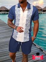 Men's Geometric Print Short Sleeve Top & Drawstring Waist Shorts, Loose Casual Comfortable Breathable Button Front Collared S...