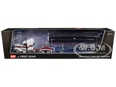 Peterbilt 389 with 48 Mid-Roof Sleeper and MAC Coal End Dump Trailer White with Red and Gold Stripes 1/64 Diecast Model by DC...