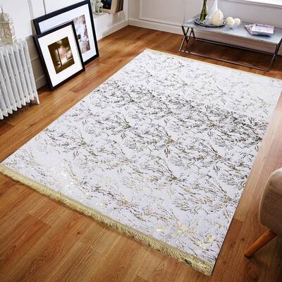 Gold Floral Design White Plush Rug with Tassels