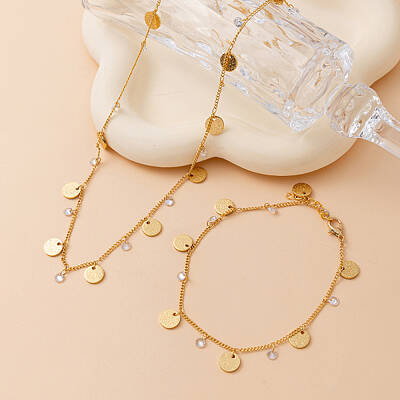 Elegant Brass Flat Round with Flower Tassel Necklace and Bracelet Set for Women
