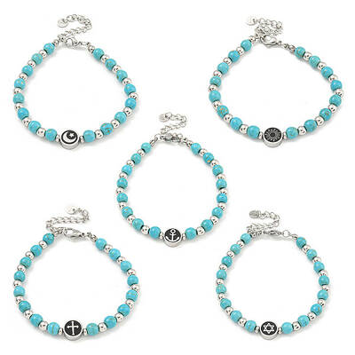 304 Stainless Steel & Synthetic Turquoise Round Beaded Bracelets for Women
