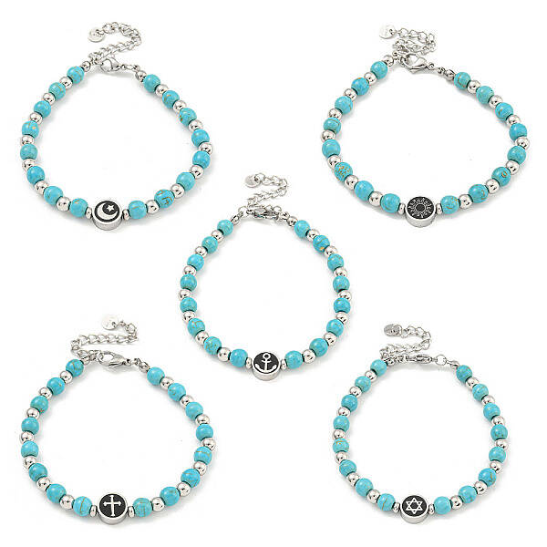 304 Stainless Steel & Synthetic Turquoise Round Beaded Bracelets for Women