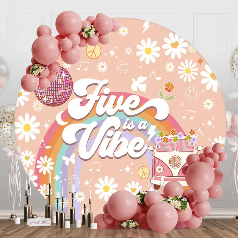 Five Is A Vibe Groovy Floral Round Birthday Backdrop