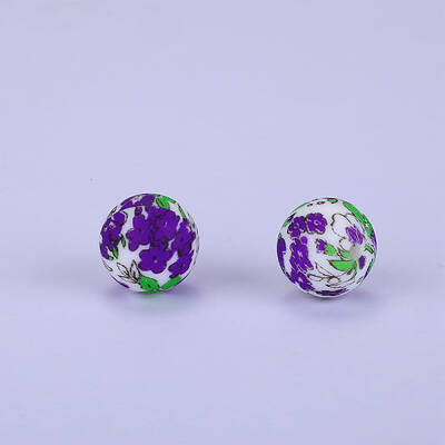 Printed Round with Flower Pattern Silicone Focal Beads