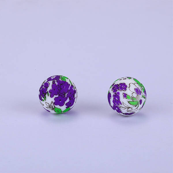 Printed Round with Flower Pattern Silicone Focal Beads