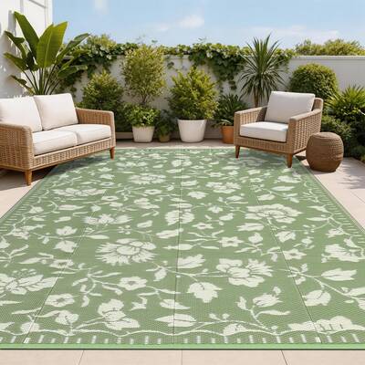 Garvee Floral Outdoor Rug 9x12 Waterproof Vintage Plastic Straw Rug for Patio Backyard Porch Camper Green
