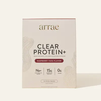 Arrae Clear Protein+ | 15g Grass Fed Whey, Collagen, & Electrolytes Protein | Rasberry Yuzu Flavor| 14 Stick Packs Edible Di...