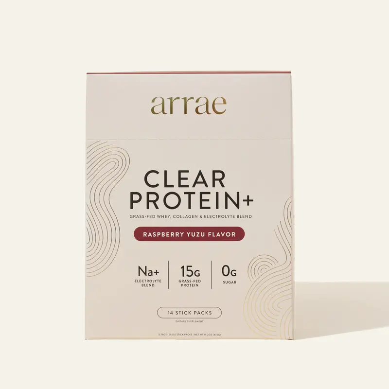 Arrae Clear Protein+ |  15g Grass Fed Whey, Collagen, & Electrolytes Protein | Rasberry Yuzu Flavor| 14 Stick Packs Edible Di...