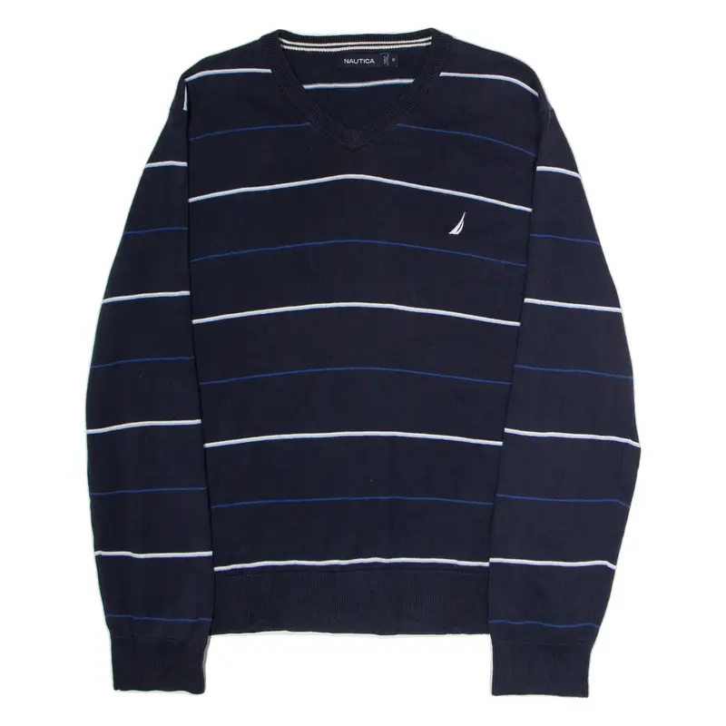 NAUTICA Mens Patterned Jumper Blue Striped V-Neck Tight Knit M