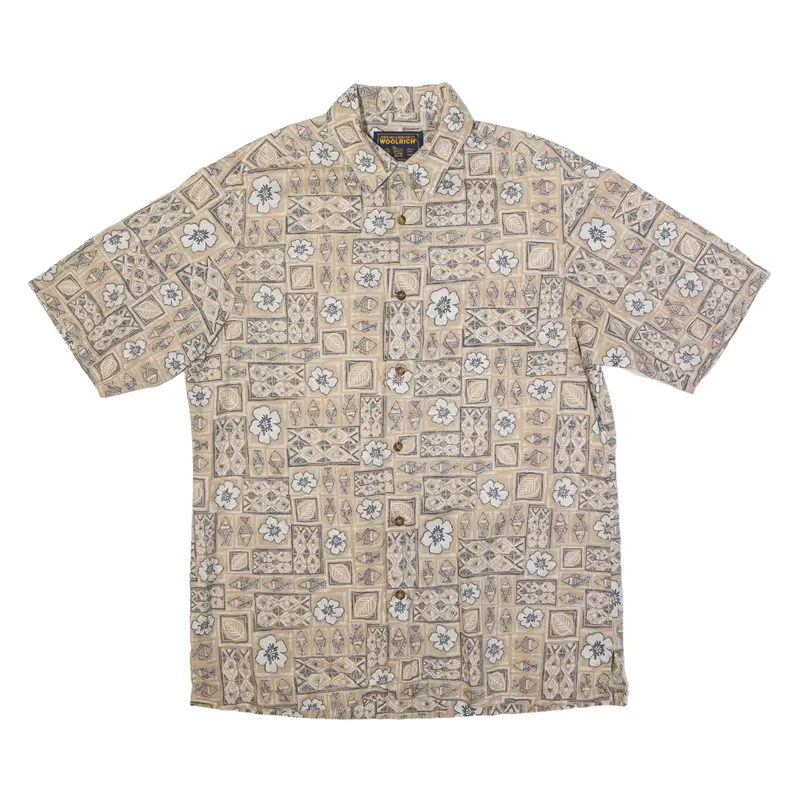 WOOLRICH Fish Hawaiian Shirt Beige Floral Short Sleeve Mens M