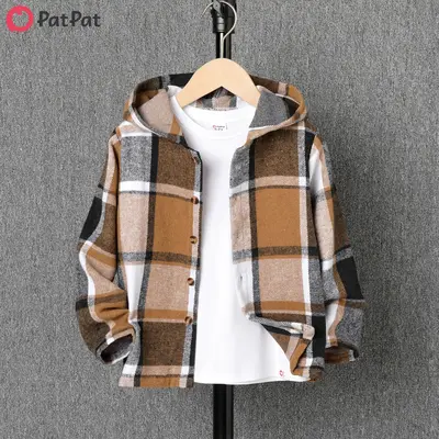 PatPat Kid Boy Hooded Plaid Long sleeves Shirt Jacket Coats Casual