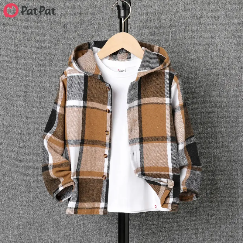 PatPat Kid Boy Hooded Plaid Long sleeves Shirt Jacket Coats Casual