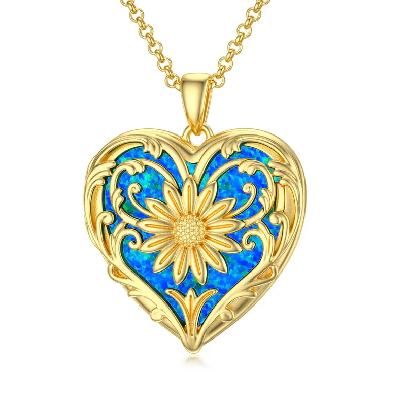 18K Gold Opal Sunflower & Heart Personalized Photo Locket Necklace