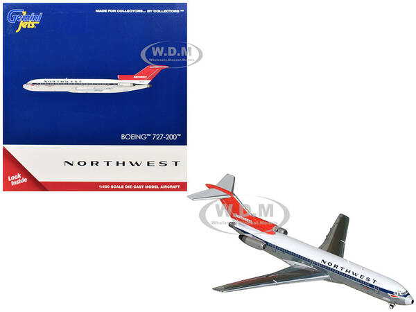 Boeing 727-200 Commercial Aircraft Northwest Airlines (N254US) White with Blue Stripes and Red Tail 1/400 Diecast Model Air...