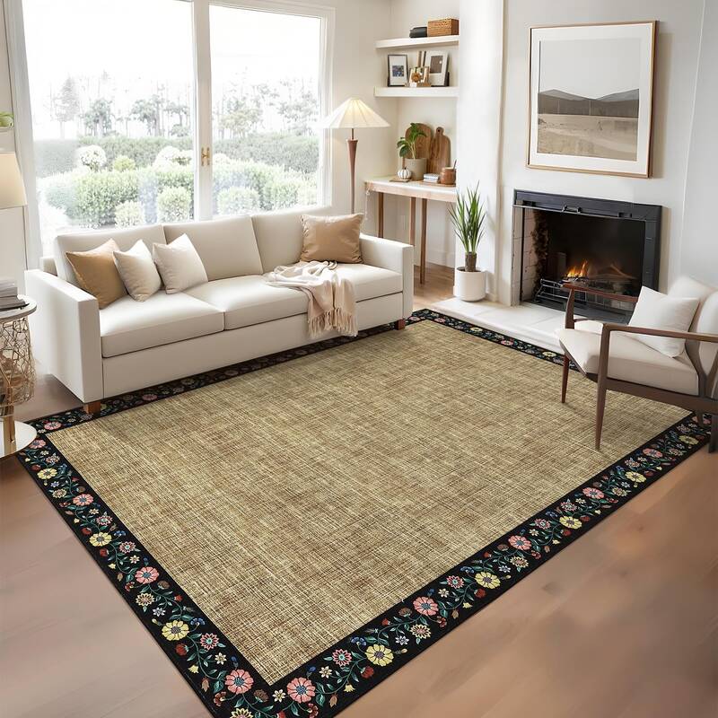 Garvee Bordered Yellow 4x6 Floral Bordered Area Rug Machine Washable Non-Slip Stain Resistant Polyester Lightweight Foldable ...