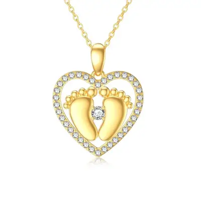 14K Gold Cubic Zirconia Footprints & Heart Pendant Necklace