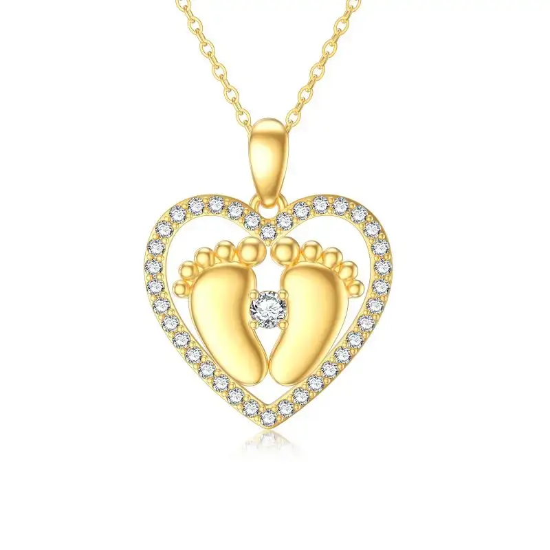 14K Gold Cubic Zirconia Footprints & Heart Pendant Necklace