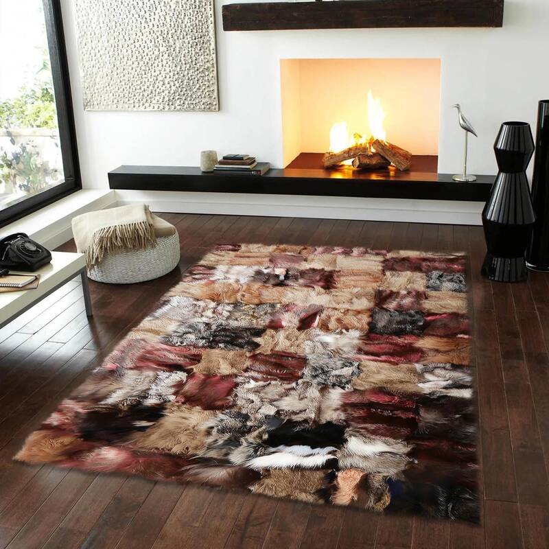 Brown Fox Fur Rug with Gold Frame