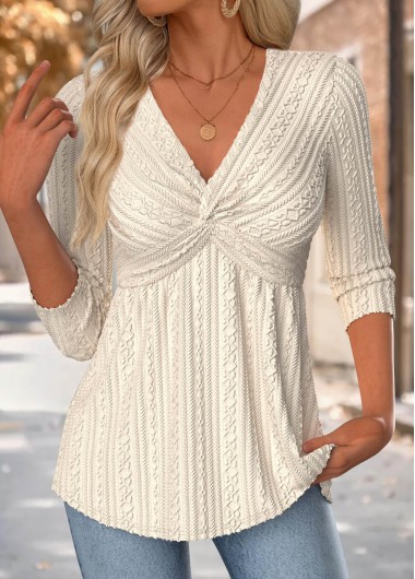 Modlily Beige 3/4 Sleeve V Neck T Shirt - XL