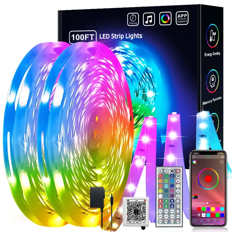 KEXU 100FT RGB LED Light Strip with Smart APP Control & 44-Key Remote Dimmable Color Changing for Home Party Decor Energy Sav...