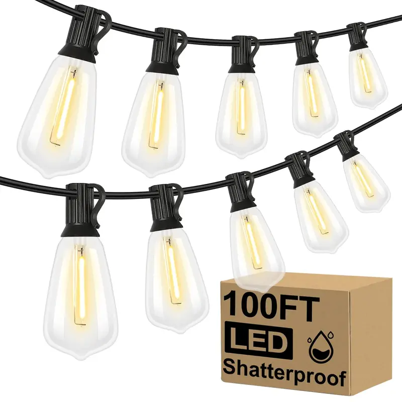 LED Outdoor String Light, 1 Count 50/100ft Garden Lights with Shatterproof ST38 Edison Bulbs, Outdoor Lights Waterproof for ...