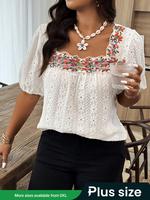 【Plus Size】 Floral Embroidery Blouse, Casual Short Sleeve Top for Daily Holiday Vacation Wear, Women Plus Clothing for Al...