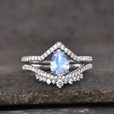 14K/18K White Gold Rainbow Pear Shaped Moonstone Wedding Set Unique