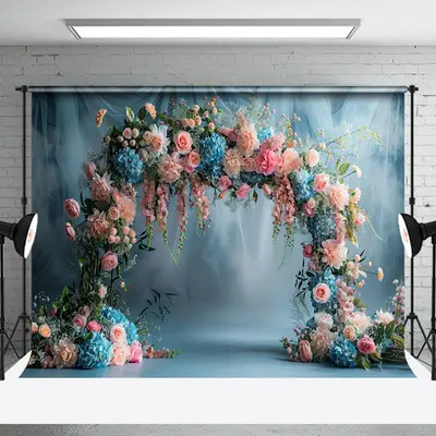 Blue White Chiffon Arch Floral Backdrop For Wedding