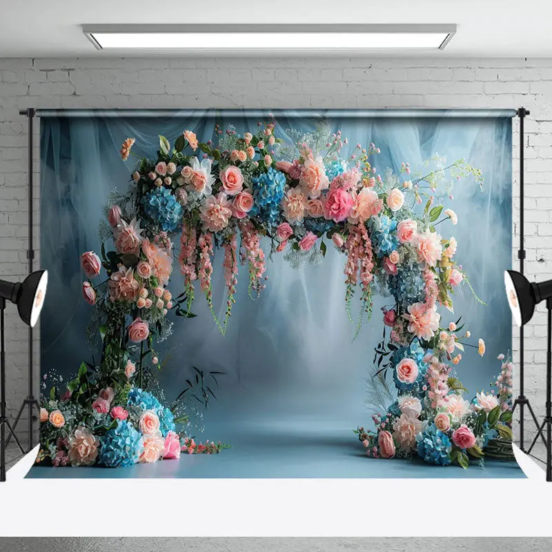 Blue White Chiffon Arch Floral Backdrop For Wedding