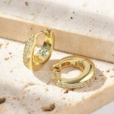 Oval Brass Micro Pave Clear Cubic Zirconia Hoop Earrings