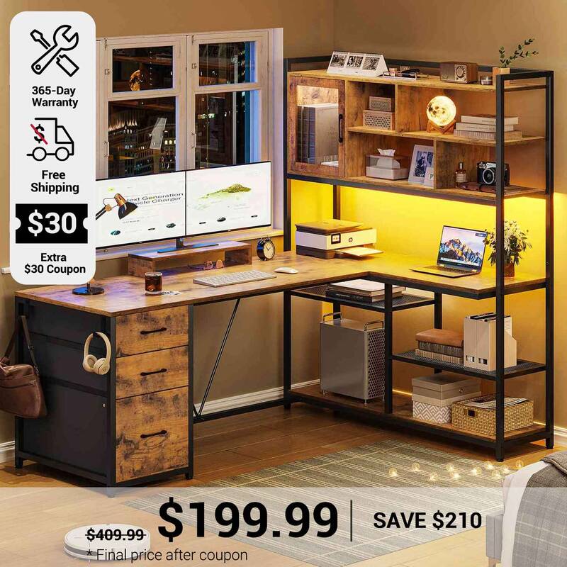 SEDETA ® 58 Inch L Shaped LED Gaming Desk Corner Computer Table Home Office Desk with 3 Drawers Rustic Brown Home Office Fur...