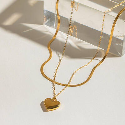 304 Stainless Steel Heart Pendant Double Layered Necklaces for Women