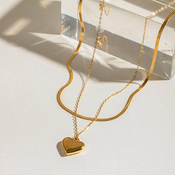 304 Stainless Steel Heart Pendant Double Layered Necklaces for Women
