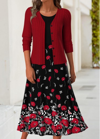 Modlily Red Tummy Coverage Floral Print Dress and Cardigan - XXL