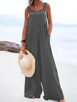 【Plus Size】 Solid Plicated Button Overall Jumpsuit, Minimalist Casual Sleeveless Wide Leg Overalls for Summer, Women's P...