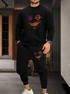 Two-Piece Set Men's Cartoon Face Print Drawstring Two-piece Set, Regular Fit Casual Long Sleeve Sweatshirt & Plain Pocket Jog...