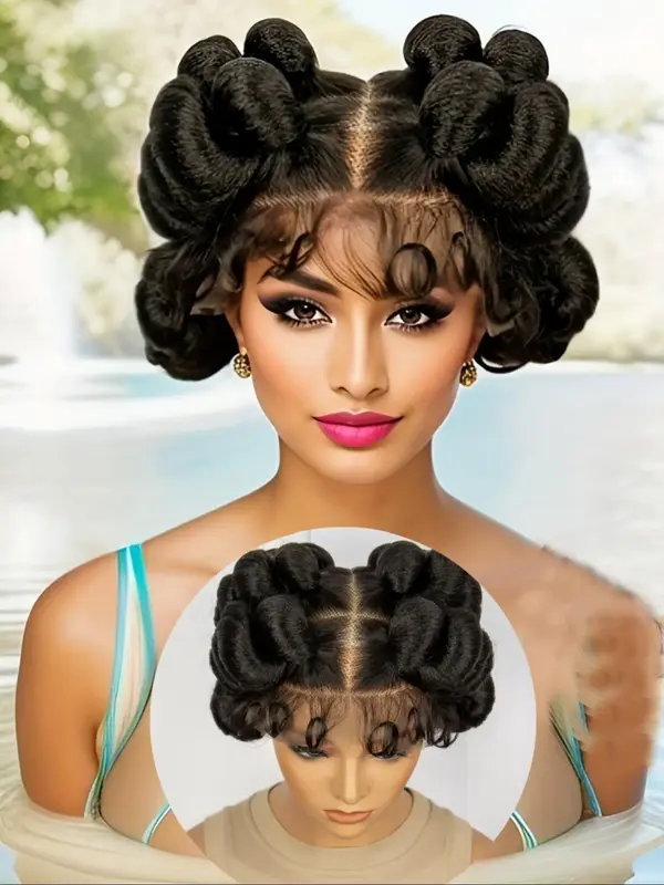 Women's 200% Density Double Layer Lace Front Braided Wigs, Fashionable Curly Baby Hair Bangs Wigs for Daily, Cosplay, Anime o...