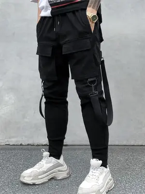 Men's Drawstring Elastic Waist Fitted Cargo Pants, Casual Streetwear Multi Pockets Jogger Pants, Buckle Tape Decor Utility Pa...