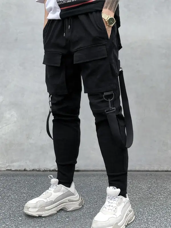 Men's Drawstring Elastic Waist Fitted Cargo Pants, Casual Streetwear Multi Pockets Jogger Pants, Buckle Tape Decor Utility Pa...