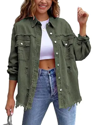 Plus Size Plain Ripped Pocket Button Front Raw Hem Denim Coat, Casual Drop Shoulder Long Sleeve Collared Outerwear, Gift S...