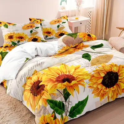 Sunflower Floral Print Bedding Set, 1 Set Including 1 Duvet Cover & 2 Pillowcases without Filler, Soft Comfortable Breathable...