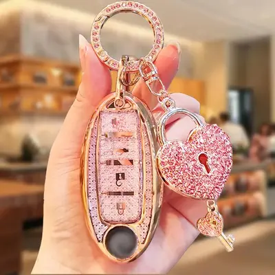 Car Key Case with Rhinestone Heart Lock Keychain, Car Key Fob Cover, Smart Remote Key Case for Nissan Altima Sentra Maxima Ro...