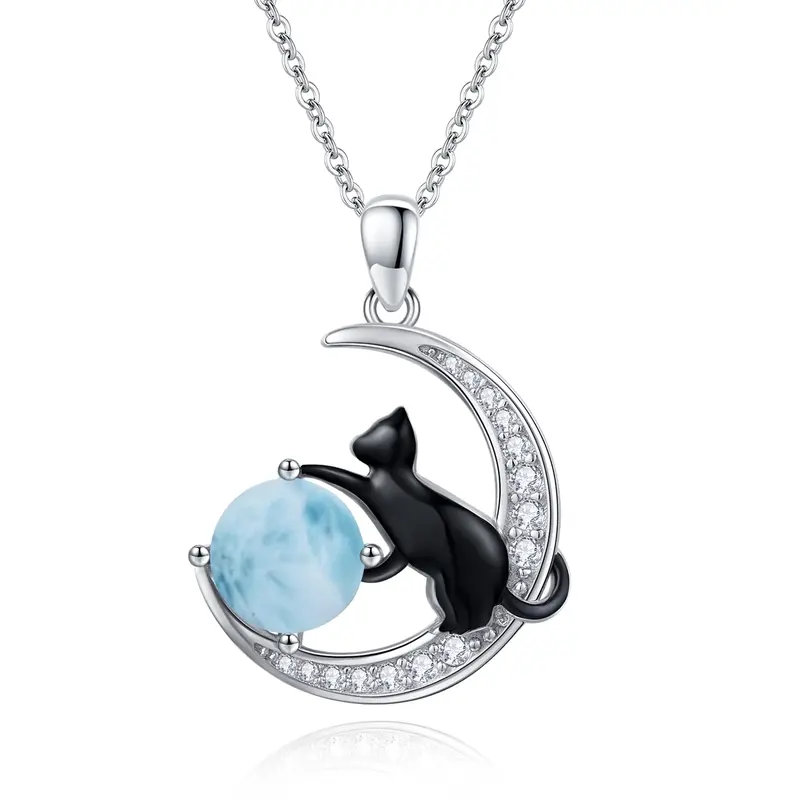 Sterling Silver Two-tone Lalimar Stone Black Cat and Moon Pendant Necklace
