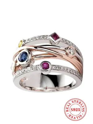 925 Sterling Silver Women's Elegant Layered Rhinestone Decorated Ring, Exquisite Trendy Ring, Fashionable Jewelry Accessories...