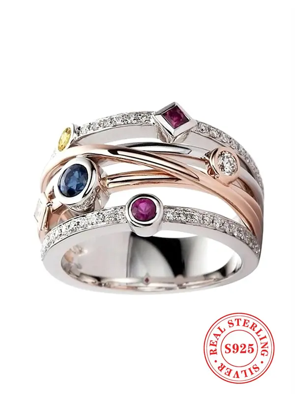 925 Sterling Silver Women's Elegant Layered Rhinestone Decorated Ring, Exquisite Trendy Ring, Fashionable Jewelry Accessories...