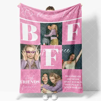 Aperturee Pink Plaid Best Friends Custom Name Photo Blanket, 30x40in(76x102cm), 26 USD, photo blankets, CJBD8N22-S